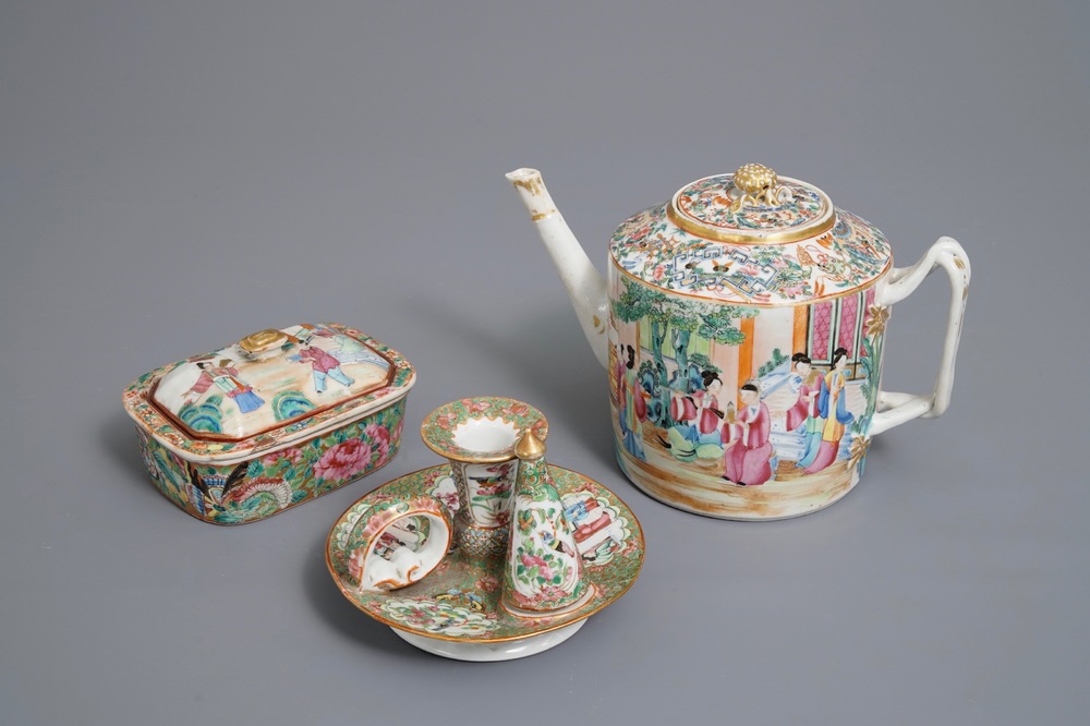 A Chinese Canton famille rose teapot, a candle holder and box and cover, 19th C.