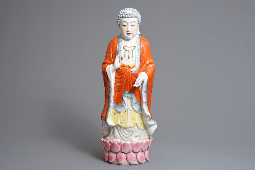 A large Chinese famille rose figure of Buddha, 20th C.