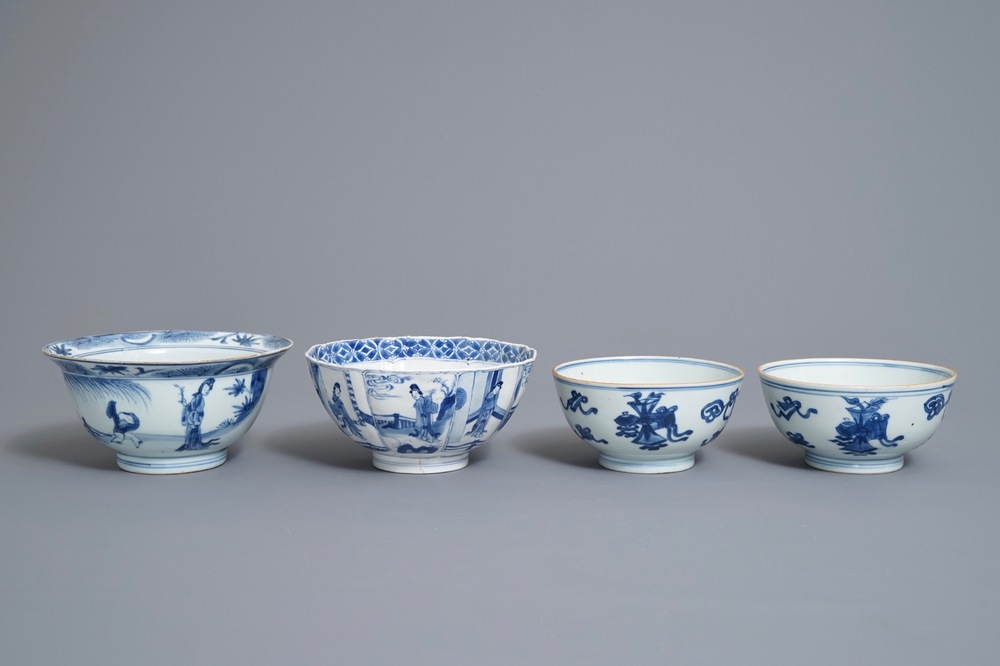 Four Chinese blue and white bowls, Kangxi
