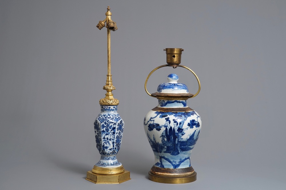 Two Chinese blue and white vases mounted as lamps, Kangxi and 19th C.