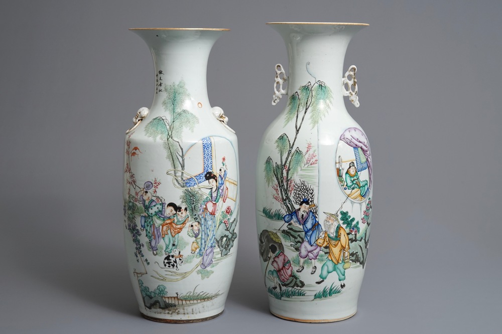 Two Chinese famille rose vases with figures in a garden, 19/20th C.