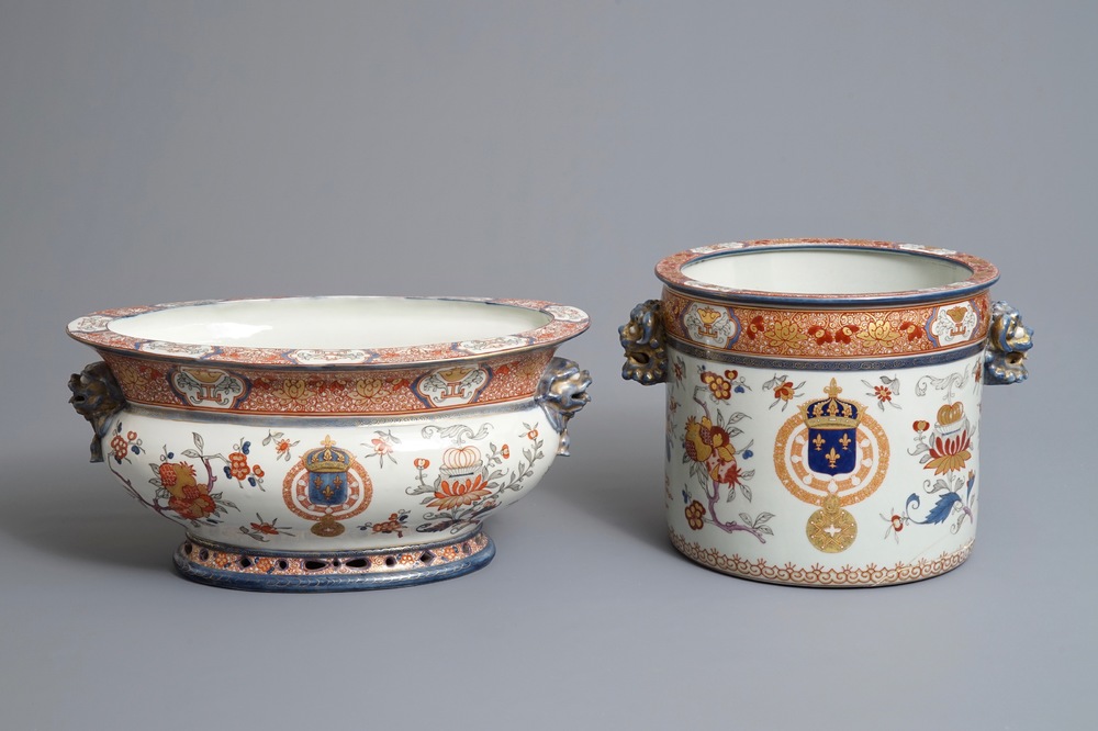Twee Imari-stijl wijnkoelers met wapen van Koning Lodewijk XV van Frankrijk, Samson, Parijs, 19e eeuw