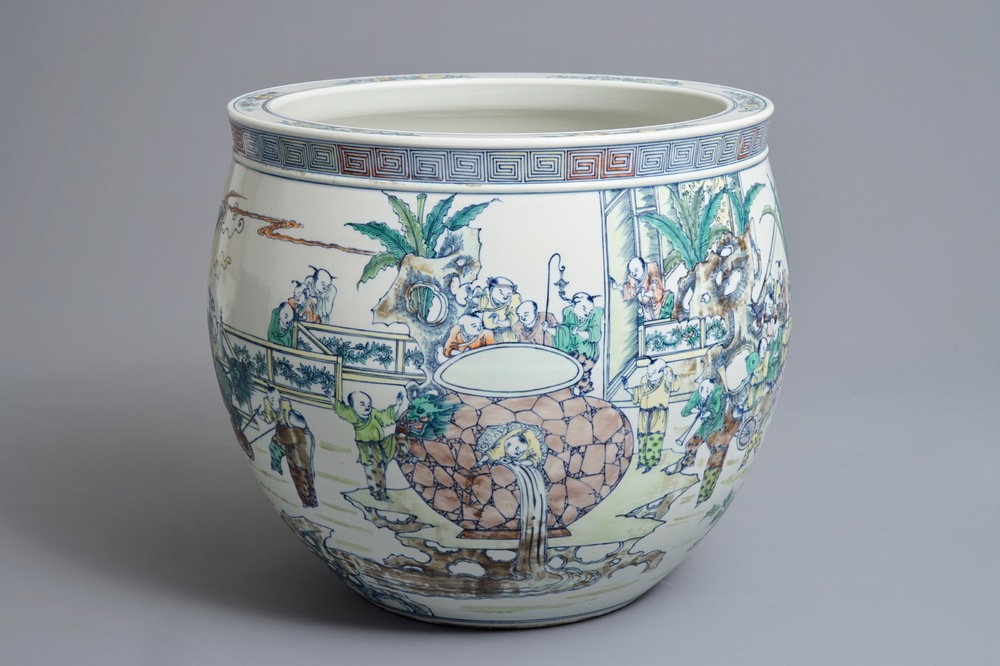 A large Chinese doucai 'hundred boys' fish bowl, 20th C.