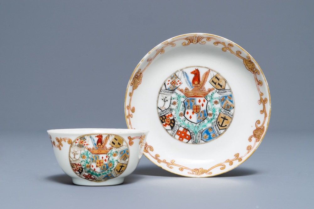 A Chinese Dutch market armorial cup and saucer with the arms of Van Reverhorst, Qianlong