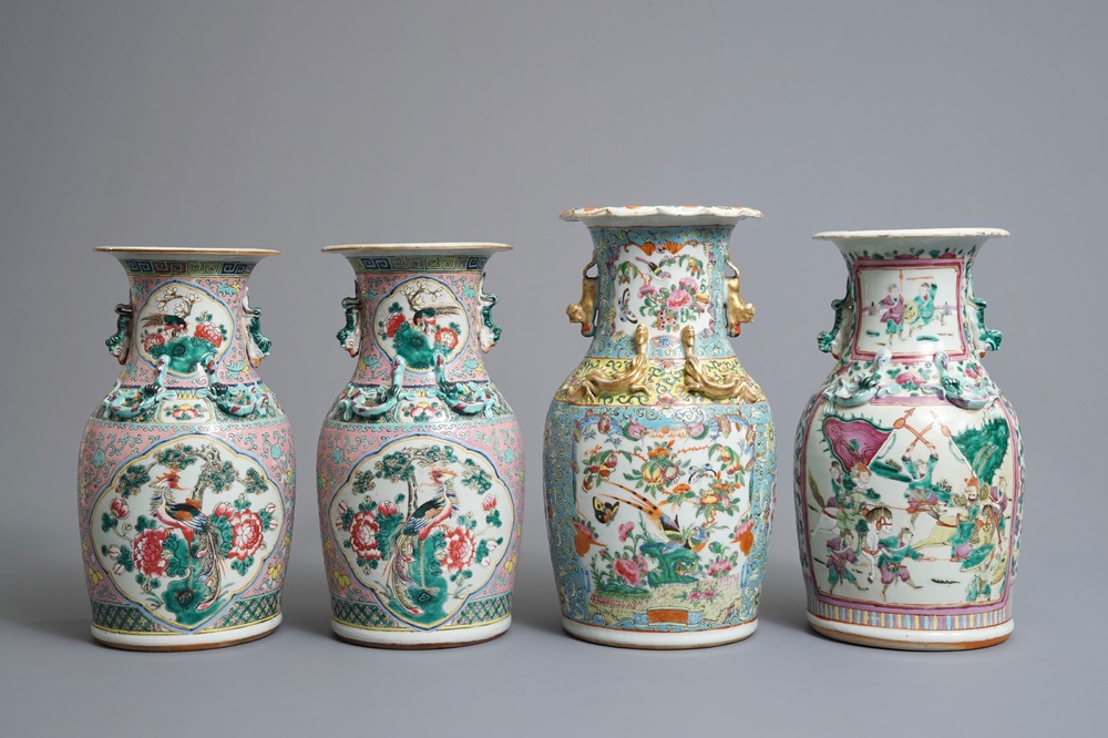 Two Chinese famille rose vases and a pair of Straits or Peranakan vases, 19th C.