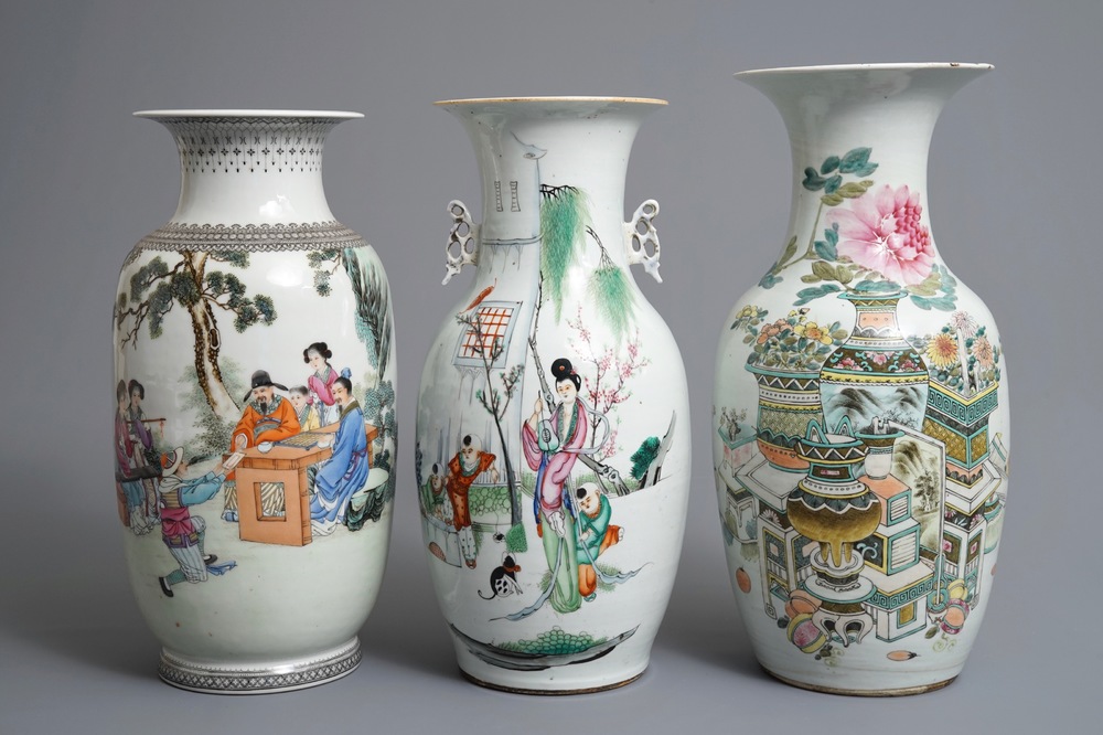 Three Chinese famille rose and qianjiang cai vases, 19/20th C.