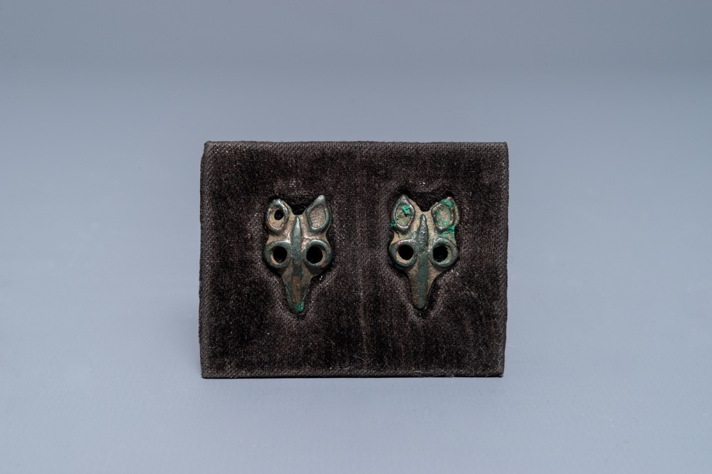 A pair of Chinese bronze ornaments, Tang