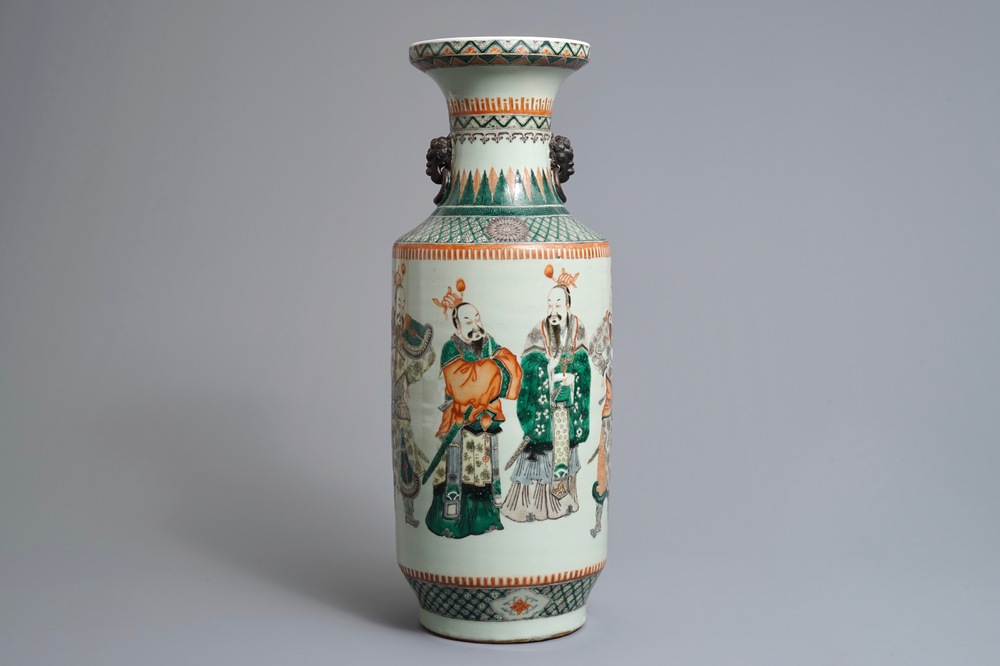 A Chinese famille verte vase with officials and warriors, 19th C.