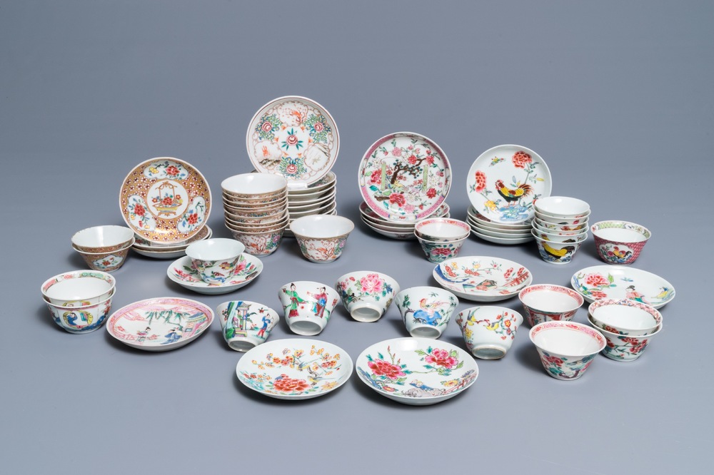 A lot of 33 Chinese famille rose cups and 27 saucers, Yongzheng/Qianlong