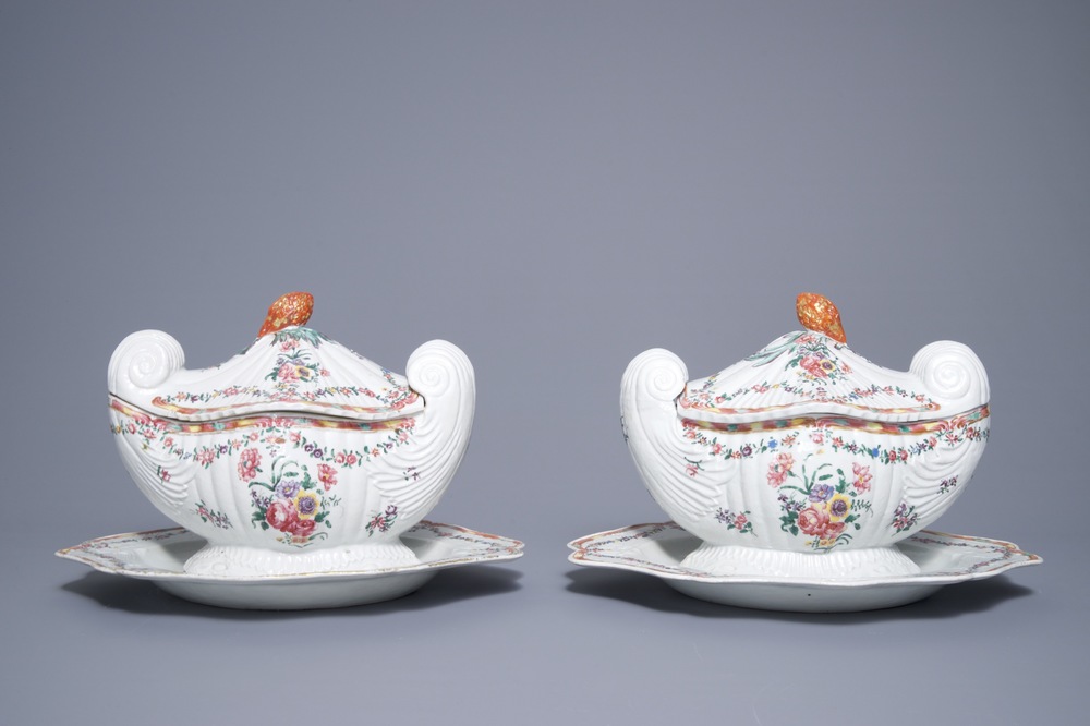 A pair of Chinese neoclassical famille rose tureens on stands, Qianlong