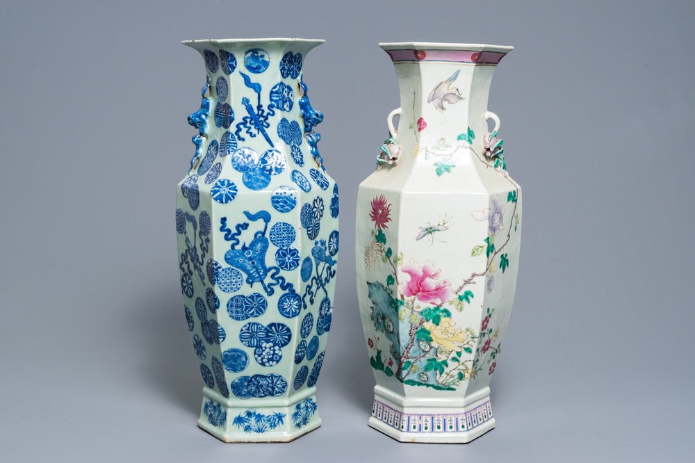 Two Chinese famille rose and blue and white on celadon ground vases, 19th C.