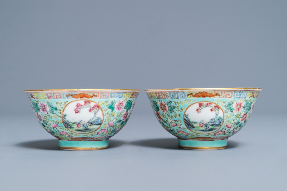 A pair of Chinese famille rose turquoise ground bowls, Republic, 20th C.