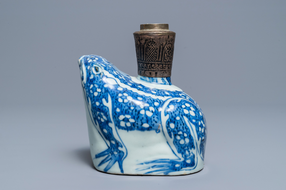 A Chinese blue and white Islamic silver-mounted frog kendi, Wanli