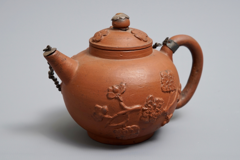 A Dutch Delft silver-mounted yixing style red earthenware teapot and cover, 1st quarter 18th C.