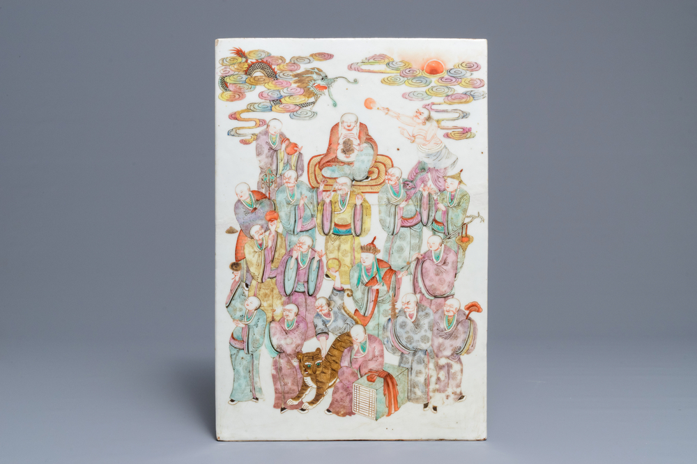 A large Chinese famille rose '18 Luohan' plaque, 19th C.