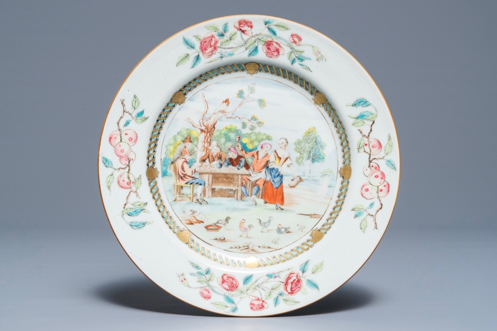 A Chinese famille rose 'Card-players' plate after David Teniers, Qianlong