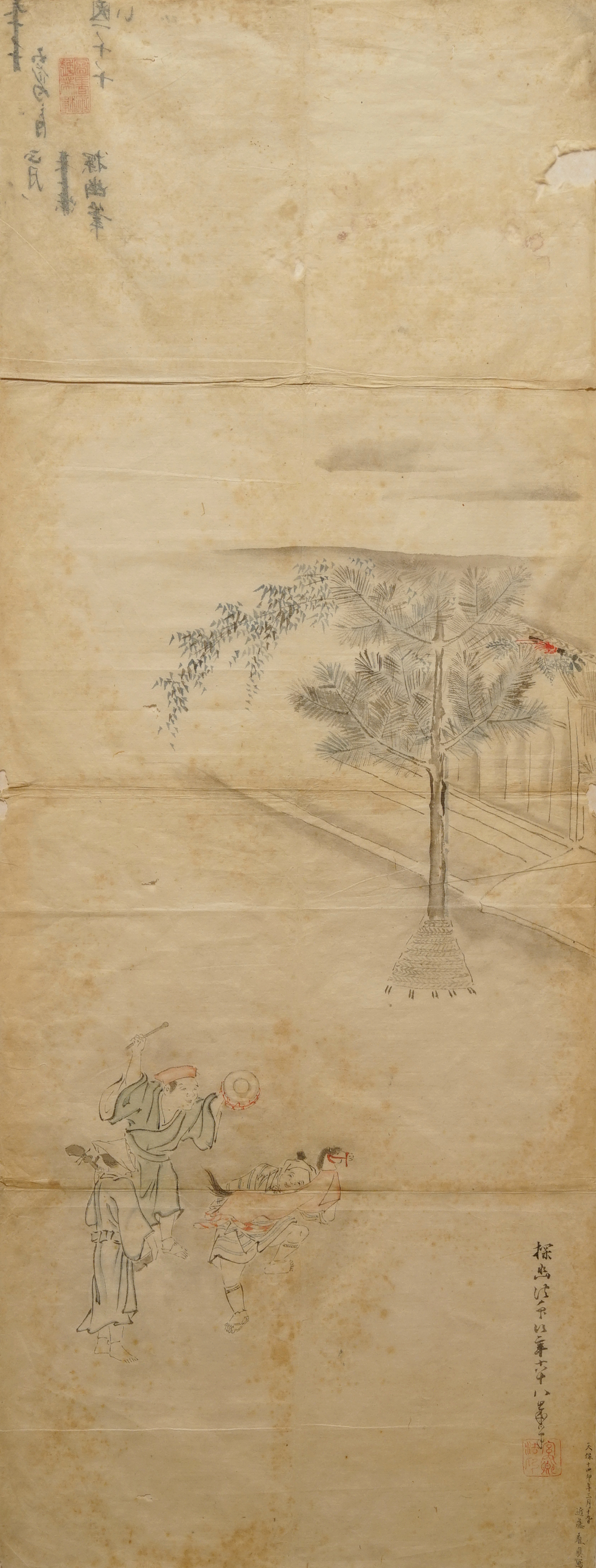 Kondo Harumasa (Japan, 19e eeuw): Drie dansende jongens, aquarel en inkt op papier, Edo, 19e eeuw