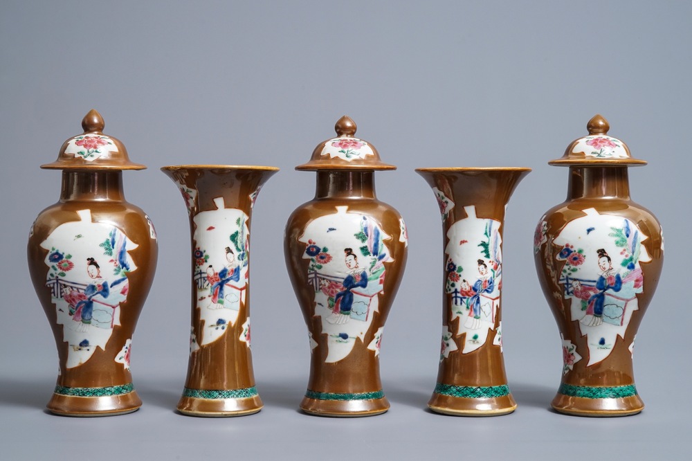 A Chinese famille rose capucin-ground five-piece garniture, Qianlong