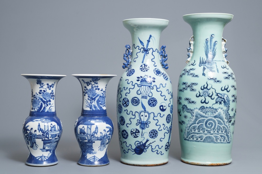 A pair of Chinese powder blue ground yenyen vases and two celadon vases, 19th C.