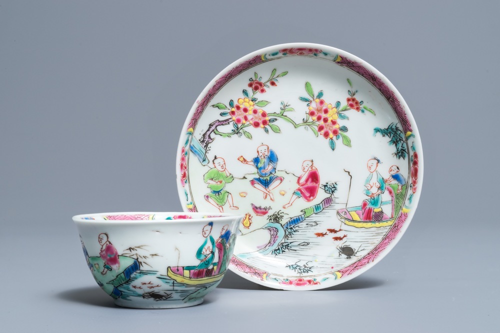 A fine Chinese famille rose cup and saucer with a river scene, Yongzheng