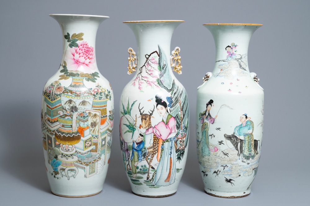Drie Chinese famille rose en qianjiang cai vazen, 19/20e eeuw
