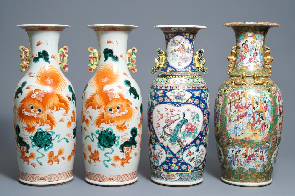 Une paire et deux vases en porcelaine de Chine famille rose, 19&egrave;me