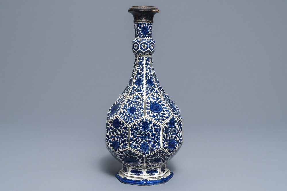 A Safavid style silver-mounted blue and white vase, Samson, Paris, 19th C.
