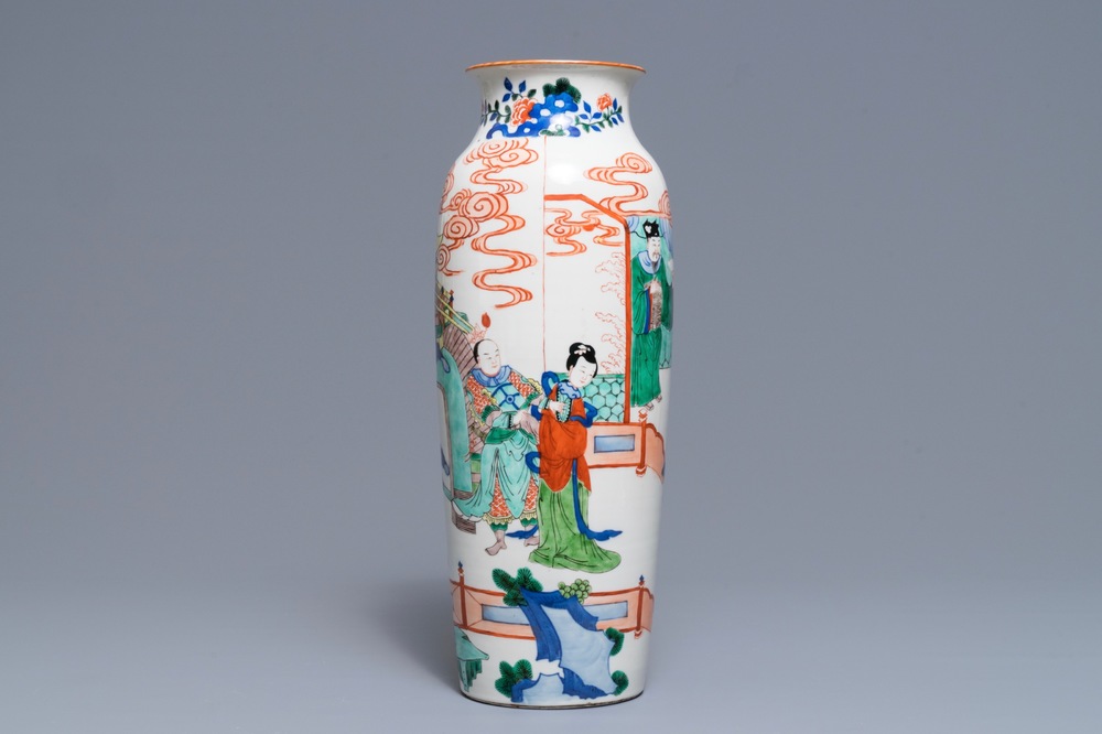 A Chinese wucai rouleau vase, 19th C.