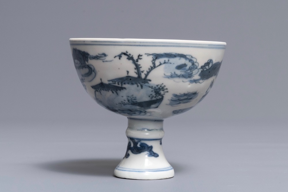 A Chinese blue and white 'landscape' stem cup, Wanli mark but prob. later