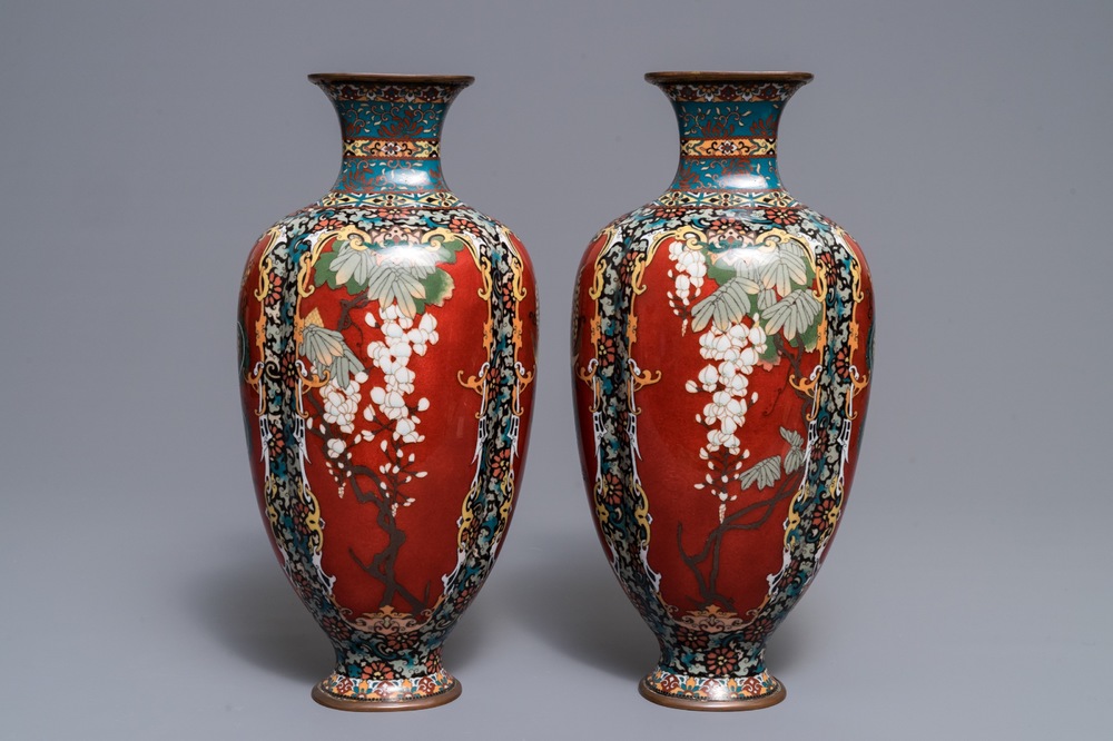 A pair of Japanese cloisonn&eacute; vases, Meiji, 19th C.