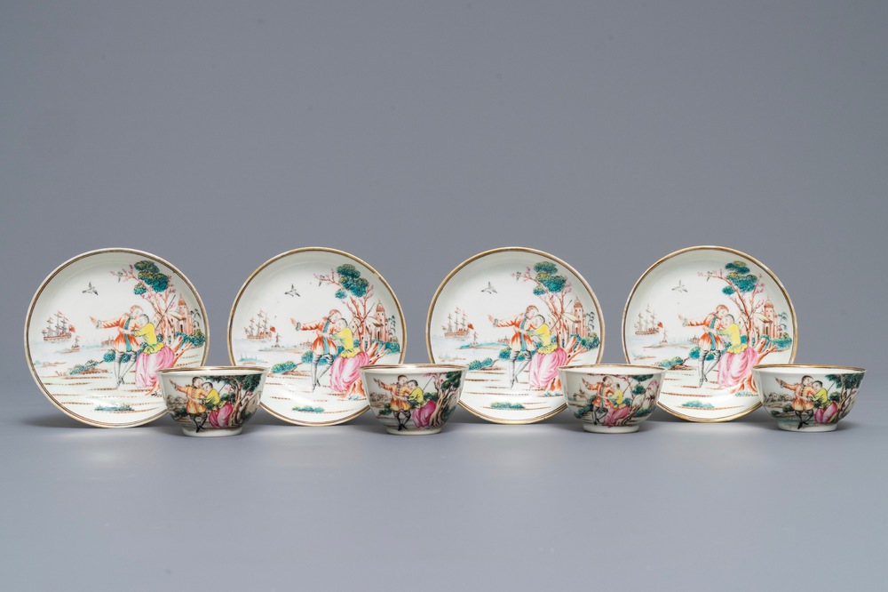 Vier Chinese famille rose koppen en schotels met decor van het 'Afscheid van de zeeman', Qianlong