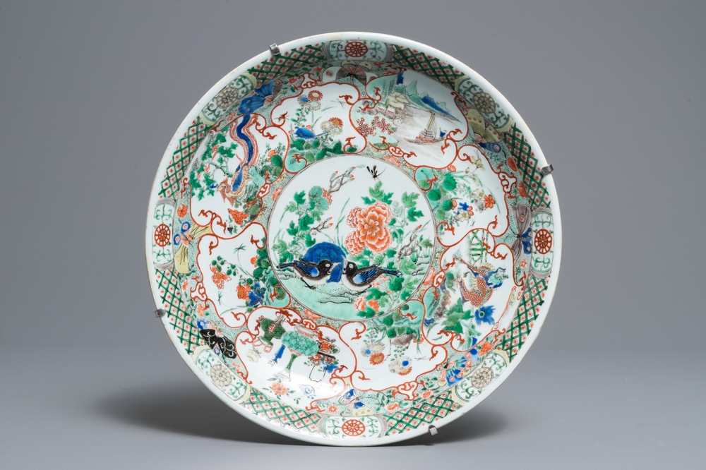 A Chinese famille verte dish with birds and mythical animals, Kangxi