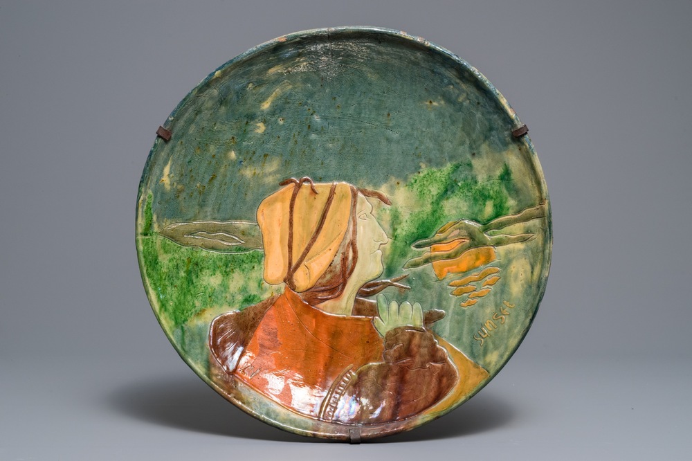 A large Flemish pottery Art Nouveau 'Sunset' dish, dated 1899, Leo Maes Vereenoghe, Torhout