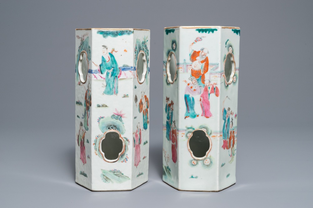 Two Chinese famille rose reticulated hat stands, 19th C.