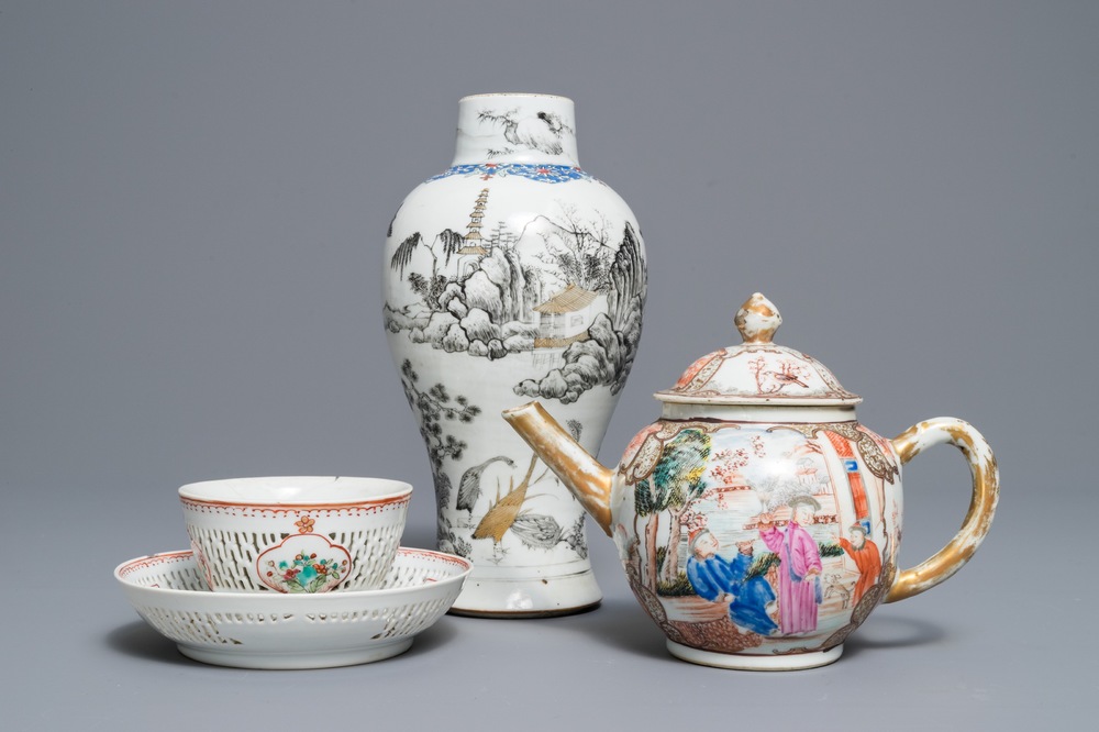 A Chinese grisaille vase, a famille rose 'mandarin' teapot and a reticulated cup on saucer, Yongzheng/Qianlong