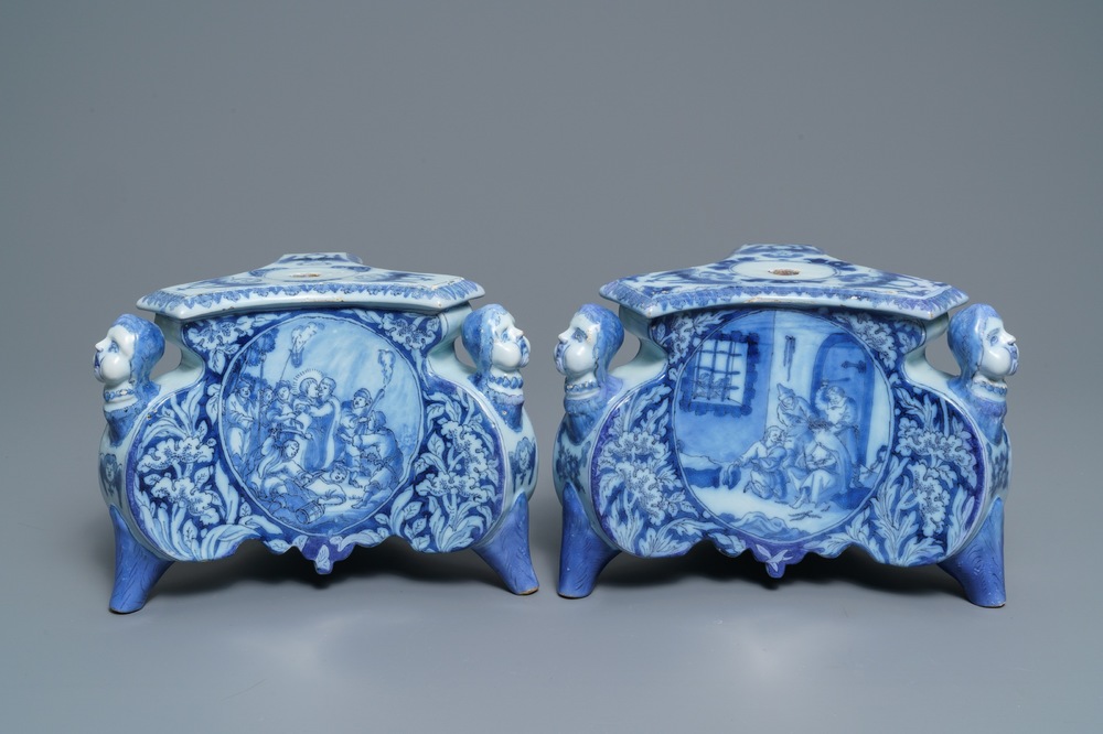A pair of Dutch Delft blue and white candlestick bases, 17th C.