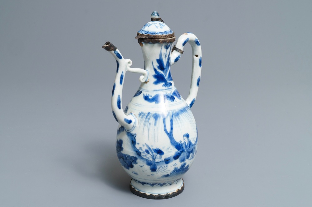 A Chinese blue and white silver-mounted jug and cover, Transitional period