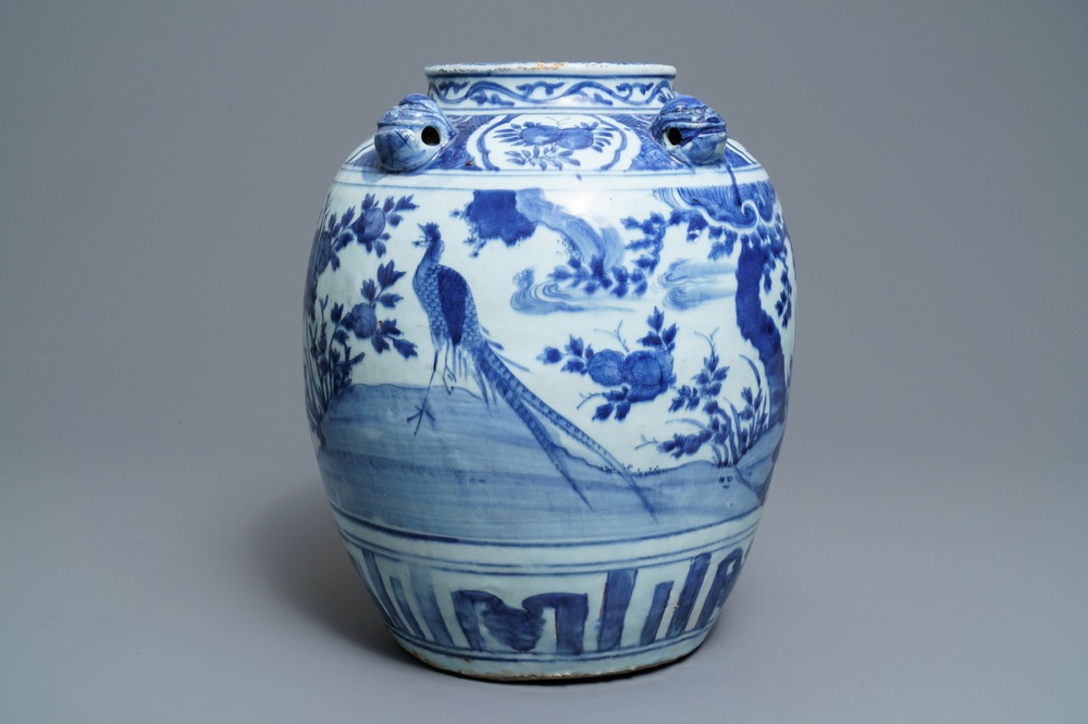 A large Chinese blue and white jar with birds in a landscape, Wanli