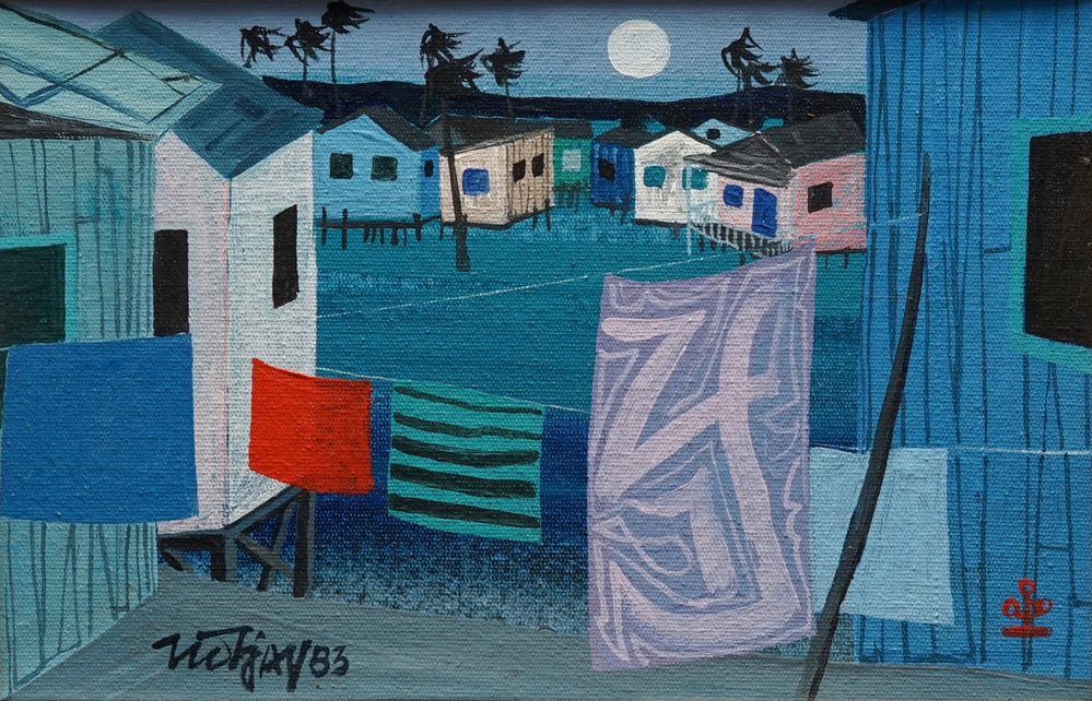 Tio Tjay (Indonesia, 1946): Beach houses, oil on panel, dated 1983