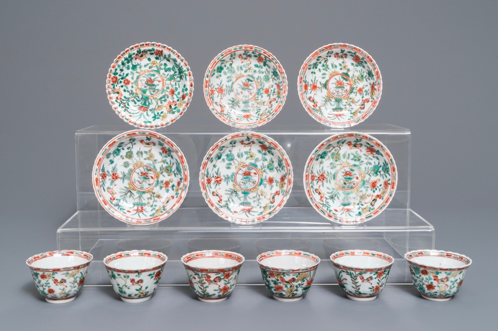 Six tasses et soucoupes en porcelaine de Chine famille verte, Kangxi
