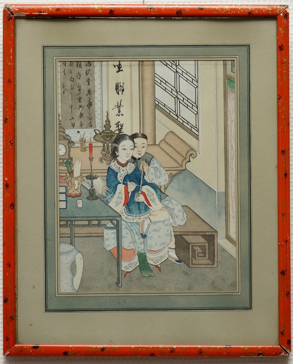 Ecole chinoise: Un couple allumant la pipe &agrave; opium, encre et couleur sur papier, 18/19&egrave;me