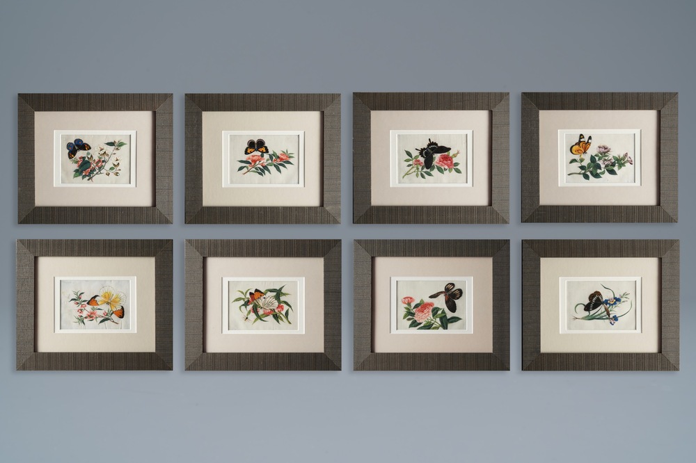 Huit peintures sur papier de riz figurant fleurs et papillons, Canton, Chine, 19&egrave;me