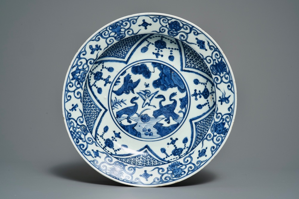 A Chinese blue and white "cranes" dish, Jiajing