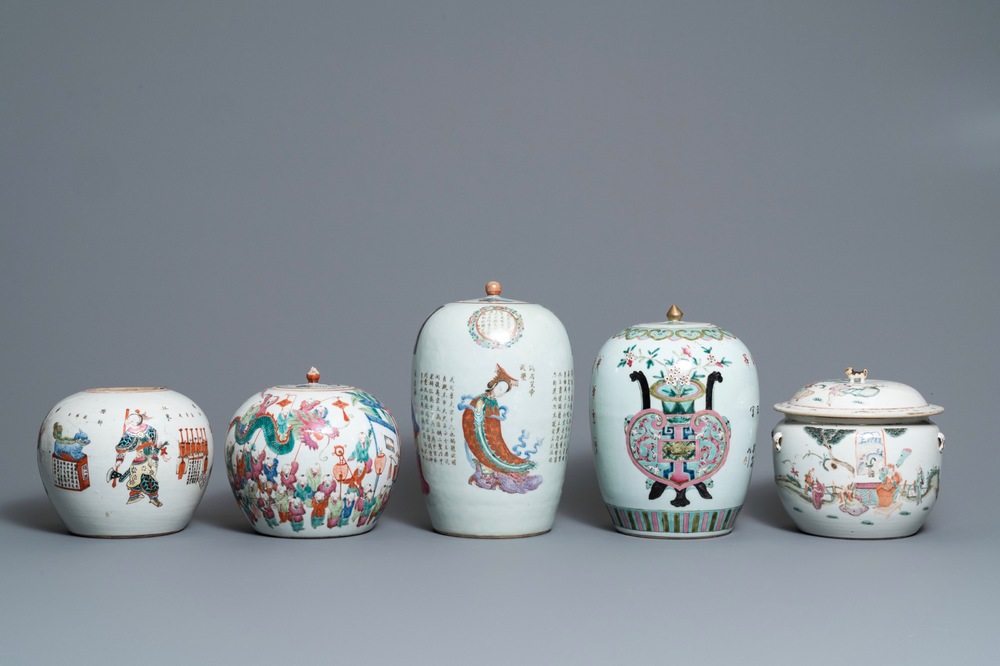 Five Chinese famille rose jars and covers, 19th C.