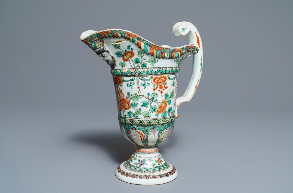 A rare Chinese famille verte ewer after a European silver model, Kangxi