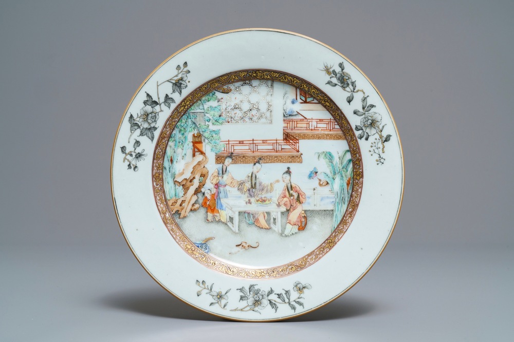 A fine Chinese famille rose plate with ladies in a garden, Yongzheng