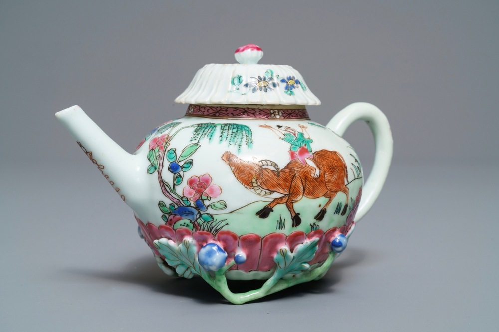 A Chinese famille rose lotus-moulded teapot and cover, Yongzheng