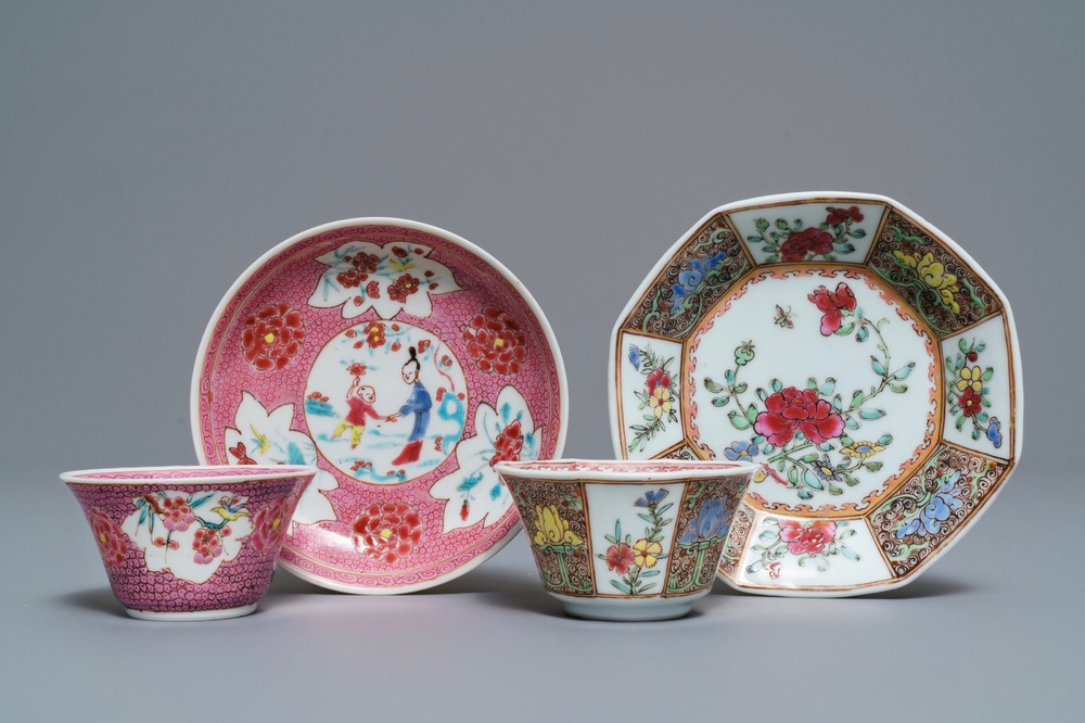 Two Chinese famille rose cups and saucers, Yongzheng/Qianlong