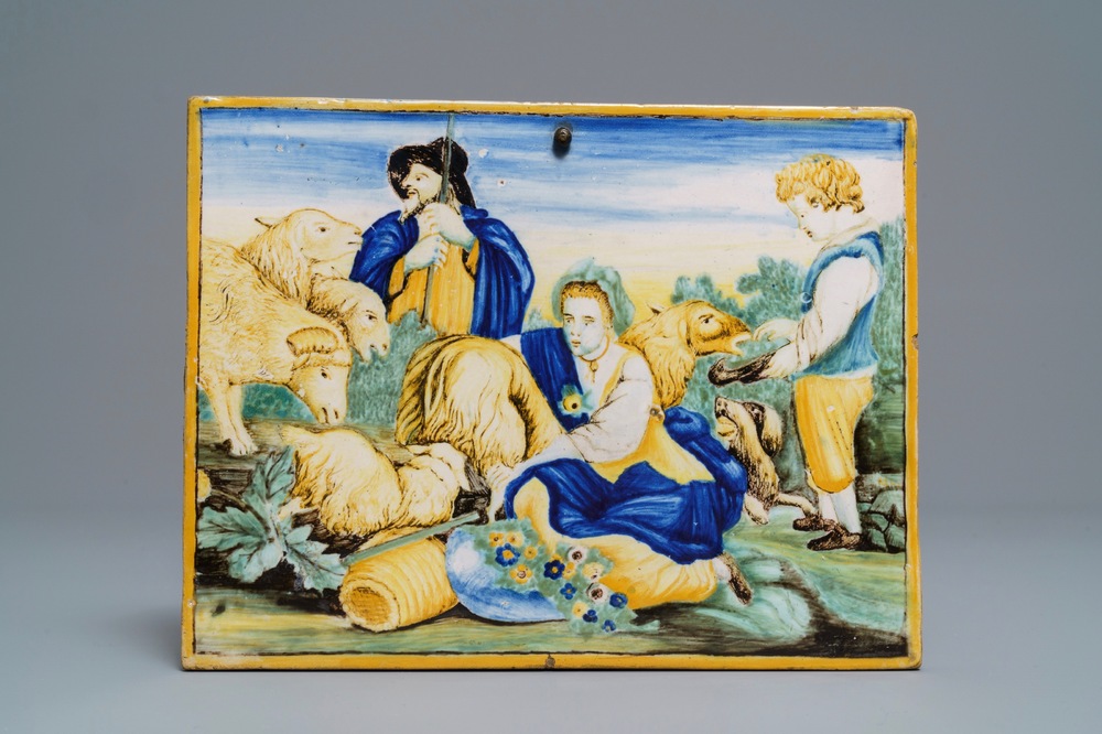 Een plaquette met herderssc&egrave;ne in Italiaanse majolica, Castelli, 18e eeuw