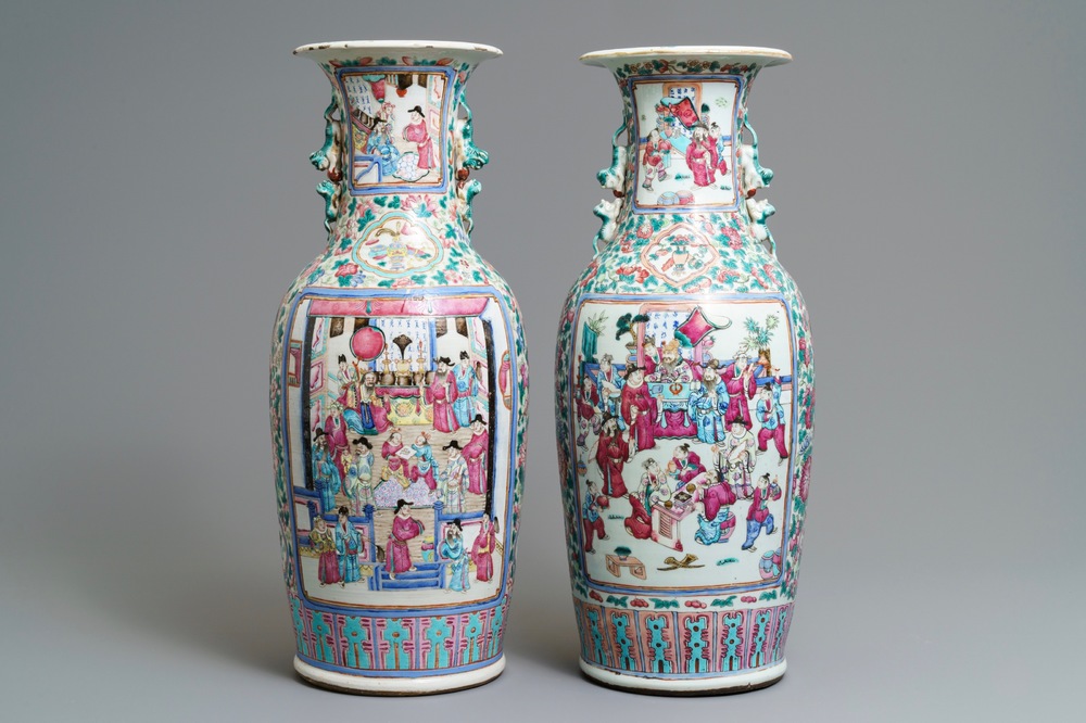Two Chinese famille rose vases with court scenes, 19th C.